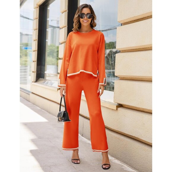 Women's Orange Long Sleeve Knit Sweater Top & Wide Leg Pants Lounge Set - Picture 2 of 6
